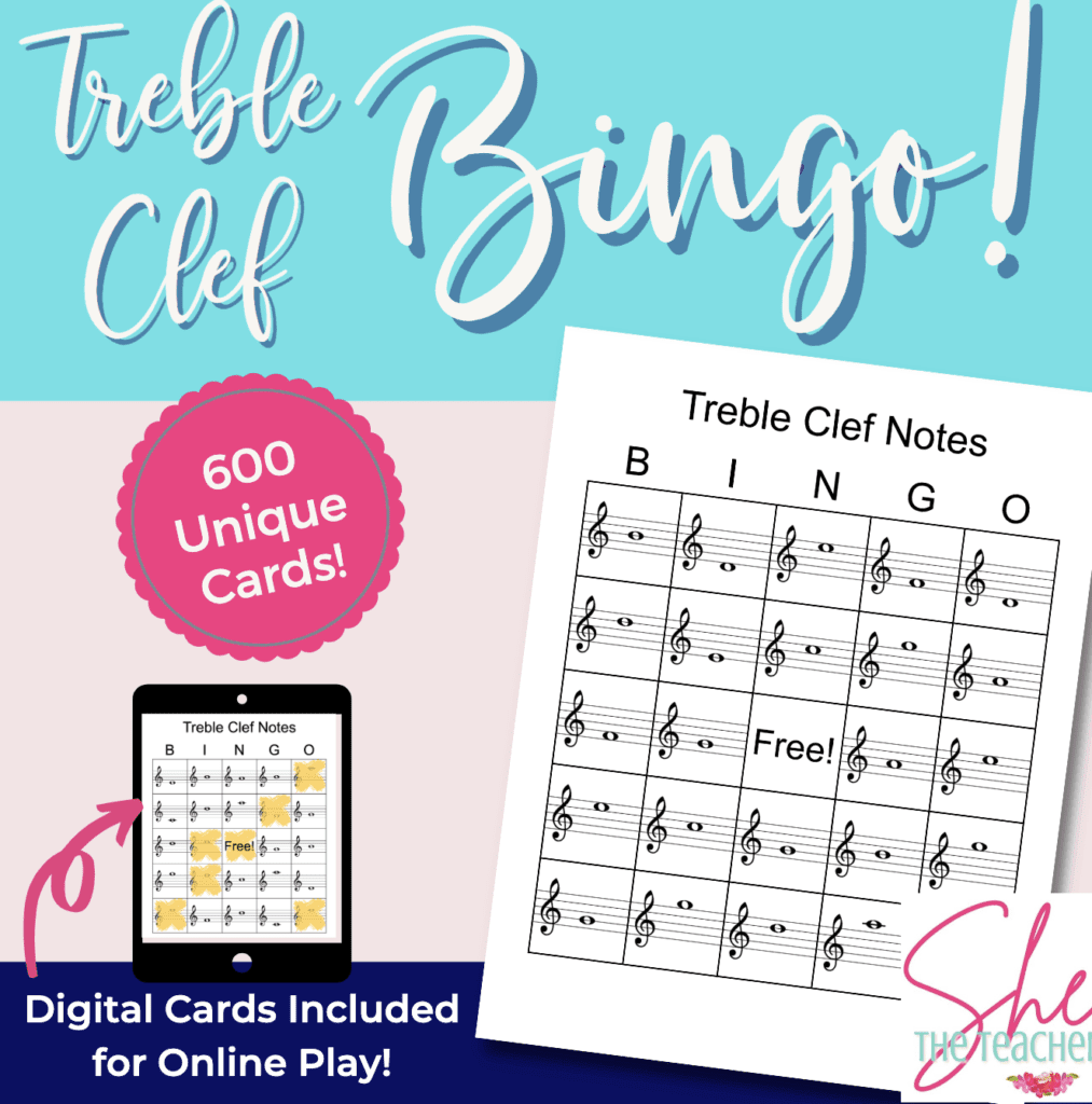 Treble Clef BINGO from She The Teacher on TeachersPayTeachers